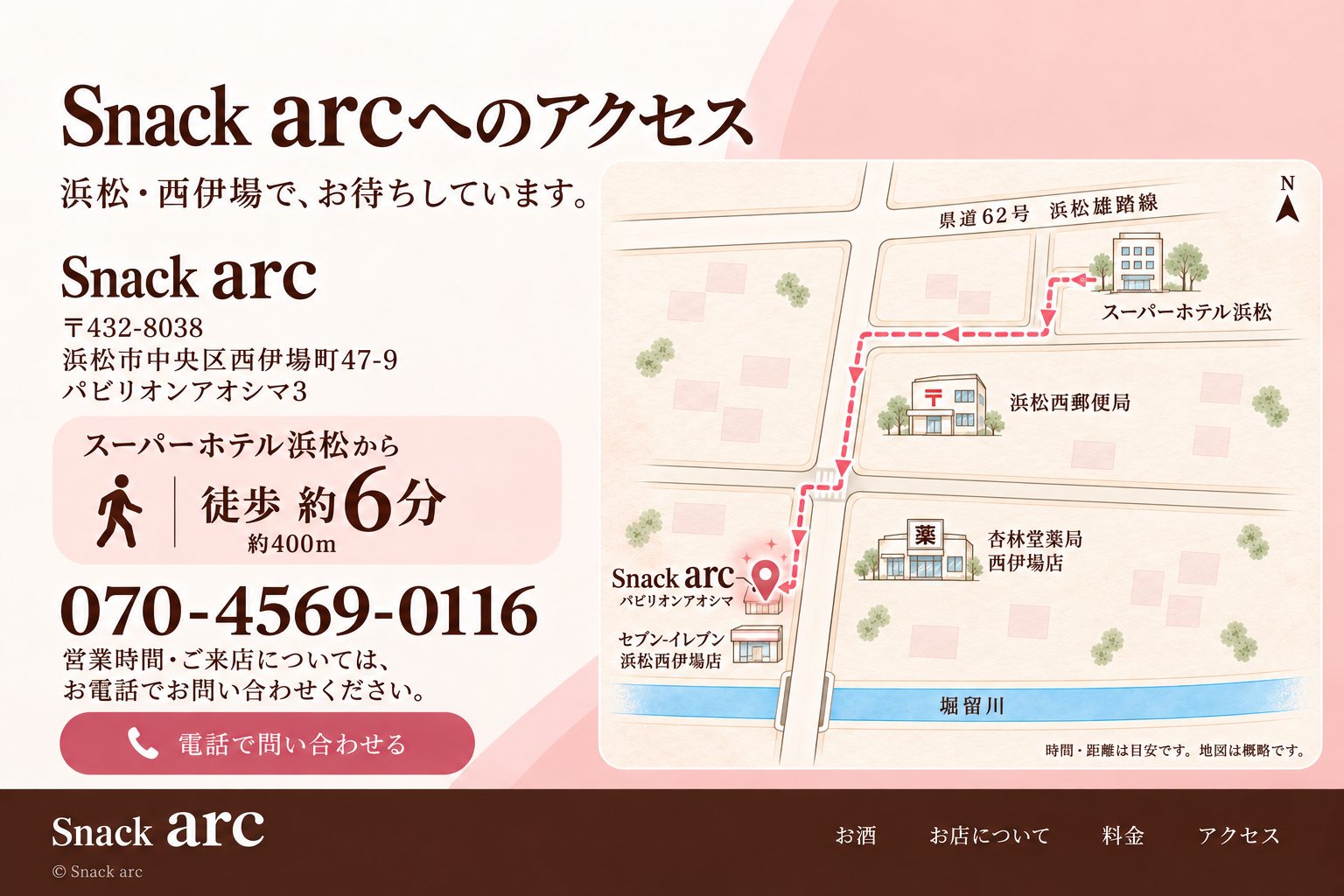 スーパーホテル浜松から西へ進み、浜松西郵便局の西側を南へ。杏林堂薬局西伊場店の向かい、セブンイレブン浜松西伊場店の北側にSnack arcがあります。